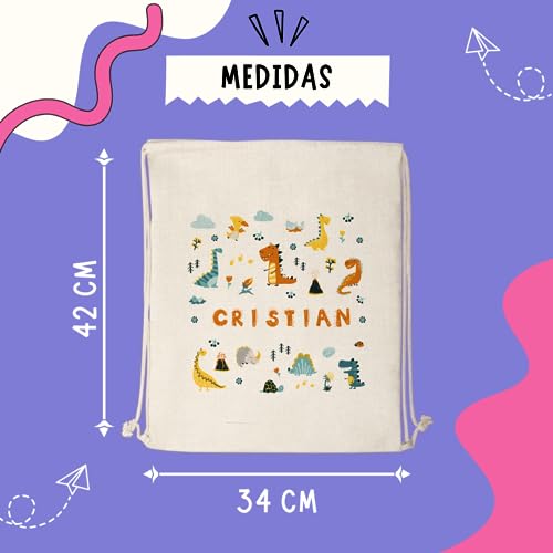 Mochila saco niño personalizada diseño dinosaurios. Mochila de cuerdas infantil para la Vuelta al cole o guardería.