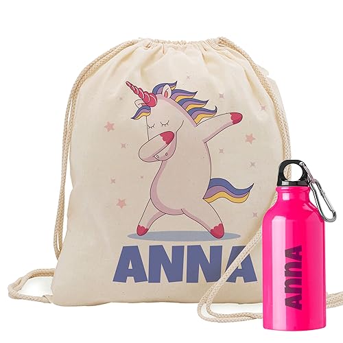 Mochila tela con cuerdas infantil y botella. Personalizada con nombre. Mochila tela guarderia Unicornio. (Unicorn)