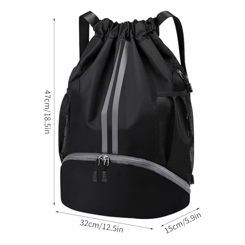 Mochilas de Cuerdas Hombre, Bolsa Deporte Mujer, Grande Bolsa Saco Playa Ajustable, Fútbol Mochila con Compartimento Zapatos, Bolsa Gimnasio con Bolsillo para Viajes Yoga Playa, 47x15x32cm (Negro)