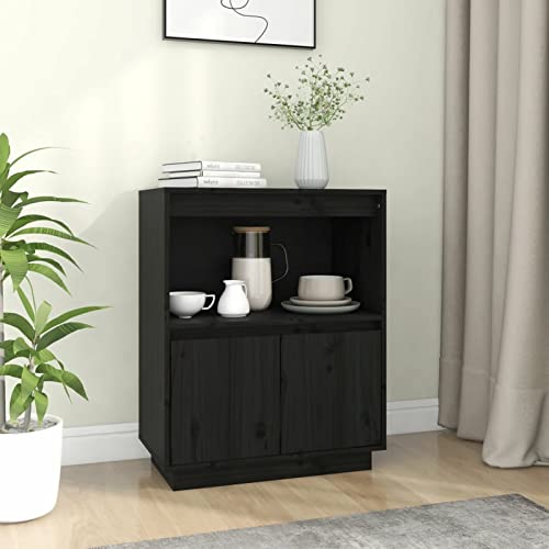 Mogou Aparador, Aparador Cocina, Aparadores para Salon, Mueble Salon, Mueble Cafetera, Mueble Buffet, Alacenas Y Vitrinas, de Madera Maciza de Pino Negro 60x34x75 cm