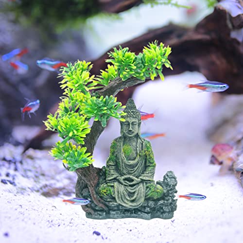 MOGOULUA Decoración de la estatua de Buda del acuario sentado con estatua de árbol de Bodhi de alta simulación escondite de peces subacuático, adorno de paisaje de pecera decoración