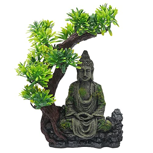 MOGOULUA Decoración de la estatua de Buda del acuario sentado con estatua de árbol de Bodhi de alta simulación escondite de peces subacuático, adorno de paisaje de pecera decoración