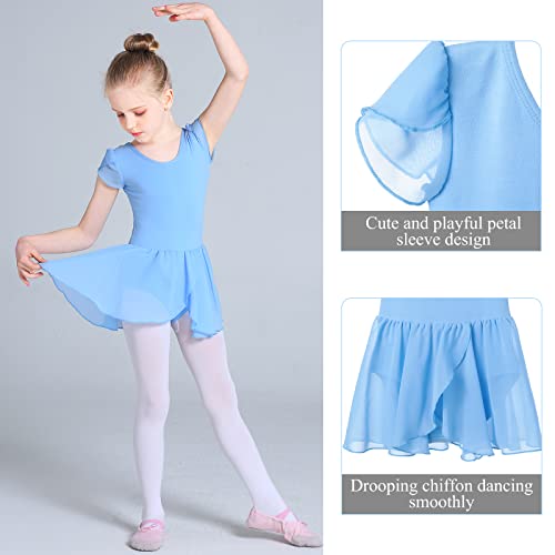 Monbessi Mallot de Ballet/Danza Niña de Manga Corta Tirantes Cruzados Maillot Ballet de Los NiñOs de AlgodóN Ballet Traje de Gimnasia Leotardo con Falda 2-11 AñOs(110, Azul)