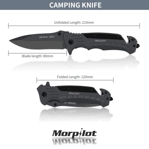 morpilot Navaja Plegable Cuchillo de Acero Inoxidable con Punta Rompevidrio y Cutter Cinturón Cuchillo Plegable con Mango Acero Inoxidable para Acampar, Picnic, Caza