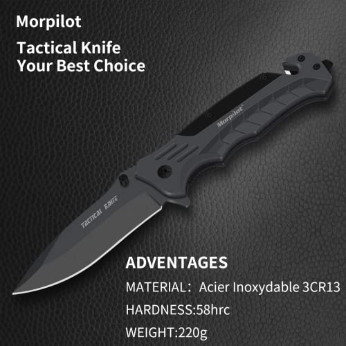 morpilot Navaja Plegable Cuchillo de Acero Inoxidable con Punta Rompevidrio y Cutter Cinturón Cuchillo Plegable con Mango Acero Inoxidable para Acampar, Picnic, Caza