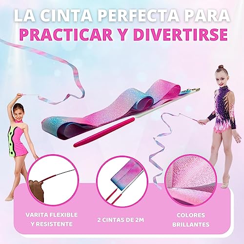 MOSFITO | 2 Cintas de Gimnasia rítmica para niñas de 2 Metros | con Varilla de 30 cm | Color Rosa con Efecto Brillante | Cinta Gimnasia Ritmica niña