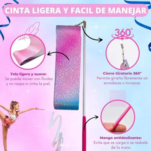 MOSFITO | 2 Cintas Gimnasia Ritmica Niña 4 Metros | Gimnasia Rítmica Niña | Gimnasia Rítmica Accesorios | Varilla Fibra de Vídrio de 50 cm
