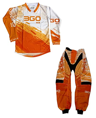 MOTORBIKE 3GO MX KIDS RACE SUIT New 2022 Motocross Motorcycle Quad Off Road Kart ATV Child MTB BMX Dirt Pit Bike Sports Racing Junior Pant Shirt Kit with X1K Black Goggles (Orange,3-4-22)