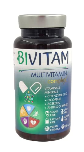 Multivitaminas y Minerales con Coenzima Q10-90 días - Vitamina B Complex - Vegano, Sin Gluten, 90 cápsulas, Fácil de tragar, Energía y Vitalidad - Bivitam - 23 Micronutrientes, Fabricado en España