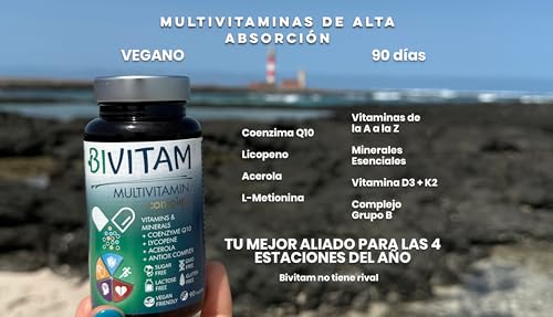 Multivitaminas y Minerales con Coenzima Q10-90 días - Vitamina B Complex - Vegano, Sin Gluten, 90 cápsulas, Fácil de tragar, Energía y Vitalidad - Bivitam - 23 Micronutrientes, Fabricado en España