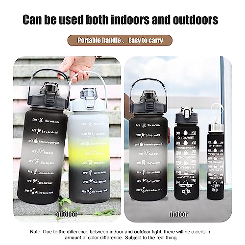 Mumutan Botella de Agua Con pajilla Marcadores Motivacionales 2 litros, paquete de 3 (2L+900ml+300ml), a prueba de fugas, sin BPA, botella deportiva portátil(Negro-Blanco)