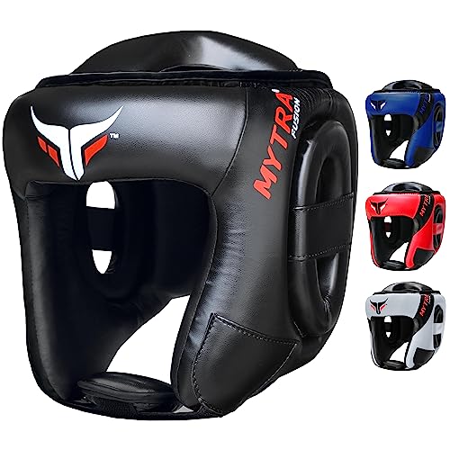Mytra Fusion Casco Boxeo - Kickboxing Casco con Correa Ajustable MMA, Muay Thai, Sparring, Artes Marciales, Karate Casco de Boxeo (Black, X-Small)
