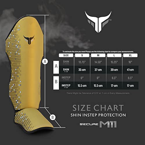 Mytra Fusion espinilleras Kick Boxing espinilleras MMA, Muay Thai espinillera – Shin Instep Protection para Kickboxing, Training, BJJ, Sparring, Boxing Gear y Artes Marciales (S, Gold)