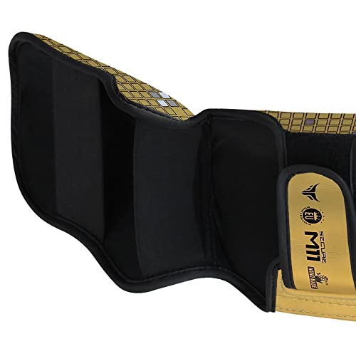 Mytra Fusion espinilleras Kick Boxing espinilleras MMA, Muay Thai espinillera – Shin Instep Protection para Kickboxing, Training, BJJ, Sparring, Boxing Gear y Artes Marciales (S, Gold)