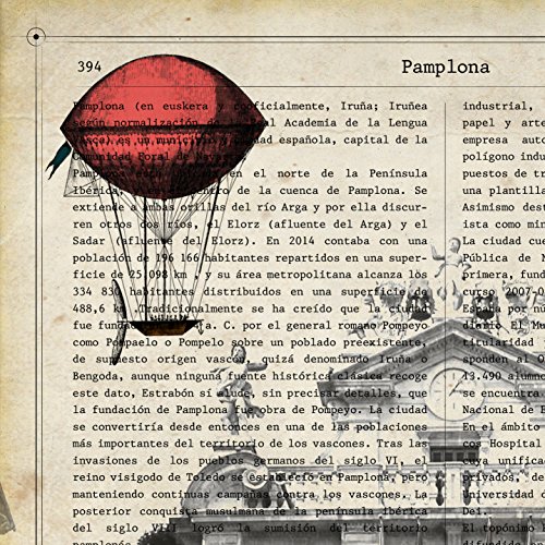 Nacnic Lámina Ciudad de Pamplona. Estilo Vintage. Ilustración, fotografía y Collage con la Historia DE Pamplona. Poster tamaño A4 Impreso en Papel