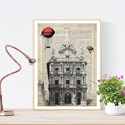 Nacnic Lámina Ciudad de Pamplona. Estilo Vintage. Ilustración, fotografía y Collage con la Historia DE Pamplona. Poster tamaño A4 Impreso en Papel