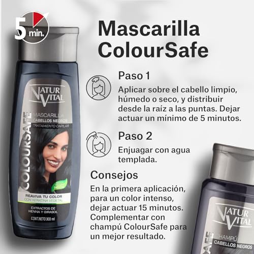 NaturVital - Mascarilla de Pelo ColourSafe, Sin Parabenos ni Siliconas, Coloración para Cabellos Negros, con Keratina Vegetal, Aporta Brillo y Protege el Color, 300 ml