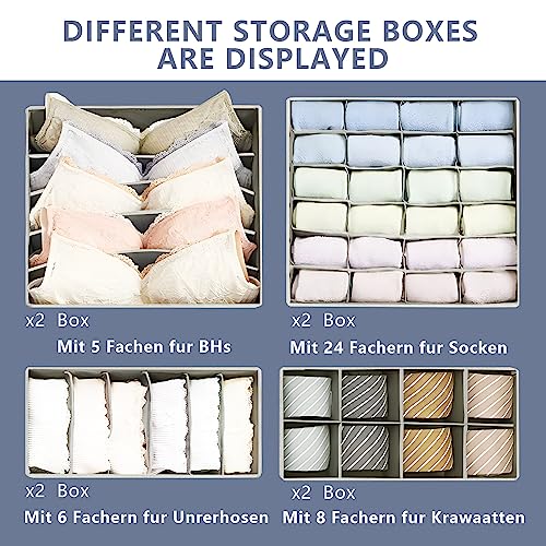 NCKIHRKK Juego de 8 Organizador Ropa Interior, 24/8/6 Compartimentos Organizadores de Cajones, Organizador Cajones para Guardar Ropa Interior, Calcetines, Pantalones, Corbatas, Gris Claro