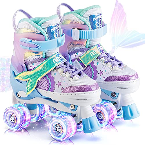 NEMONE Patines de ruedas ajustables de 4 tamaños para niñas con 8 ruedas iluminadas, ruedas moradas y azules para niños, interior interior para principiantes y exteriores