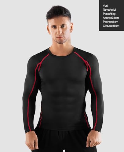 Niksa 2 Piezas Camisetas de Fitness Compresión Ropa Deportiva Manga Larga Hombre para Correr, Ejercicio,Gimnasio 1059 (Small(Fit Chest 34"-36"), (Manga Larga) Gris Negro+Negro Rojo)