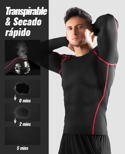 Niksa 2 Piezas Camisetas de Fitness Compresión Ropa Deportiva Manga Larga Hombre para Correr, Ejercicio,Gimnasio 1059 (Small(Fit Chest 34"-36"), (Manga Larga) Gris Negro+Negro Rojo)