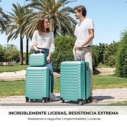 NUMADA-Juego de Maletas Rígidas 4pzs. Maleta Cabina 53cm, M. Mediana 63cm, M. Grande 75cm y Neceser. Set de Maletas de Viaje ABS Eco Friendly, 4 Ruedas Dobles, Cierre Combinación (Verde)