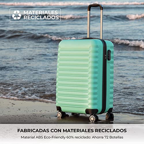 NUMADA-Juego de Maletas Rígidas 4pzs. Maleta Cabina 53cm, M. Mediana 63cm, M. Grande 75cm y Neceser. Set de Maletas de Viaje ABS Eco Friendly, 4 Ruedas Dobles, Cierre Combinación (Verde)
