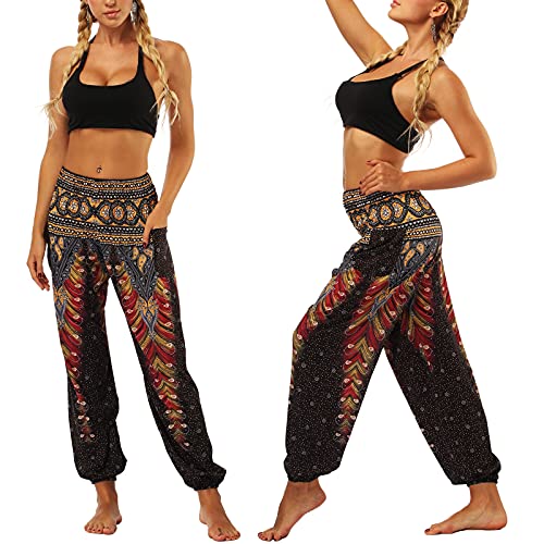 Nuofengkudu Mujer Pantalones Hippies Tailandeses Estampado Verano Cintura Alta Elastica con Bolsillos para Yoga Casual Negro Pavo