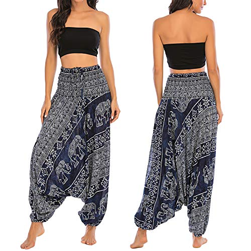 Nuofengkudu Mujer Thai Harem Pantalones Jumpsuit Hippie Boho Estampados Baggy Monos Pantalón Cintura Alta Indios Tallas Grandes Yoga Pants Pijama Verano Playa(S-Elefante Azul Oscuro)