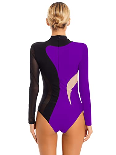 Nyeemya Maillot Gimnasia Ritmica para Mujer Transparente Clásico Mono de Danza Leotardo Deportivo Jumpsuit Body Manga Larga de Diamantes Brillantes Disfraz Bailarina Negro y púrpura M
