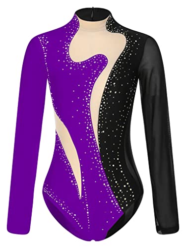 Nyeemya Maillot Gimnasia Ritmica para Mujer Transparente Clásico Mono de Danza Leotardo Deportivo Jumpsuit Body Manga Larga de Diamantes Brillantes Disfraz Bailarina Negro y púrpura M