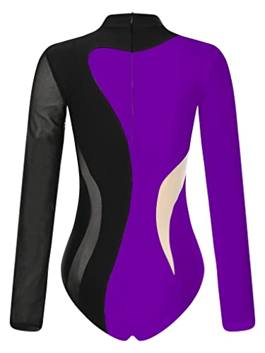 Nyeemya Maillot Gimnasia Ritmica para Mujer Transparente Clásico Mono de Danza Leotardo Deportivo Jumpsuit Body Manga Larga de Diamantes Brillantes Disfraz Bailarina Negro y púrpura M