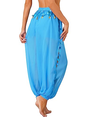 Nyeemya Pantalones Bombachos para Danza del Vientre, Pantalones árabes Tribales de Gasa para Mujer, Suelto Brillante con Lentejuelas, pantalón Bombacho Cielo Azul M