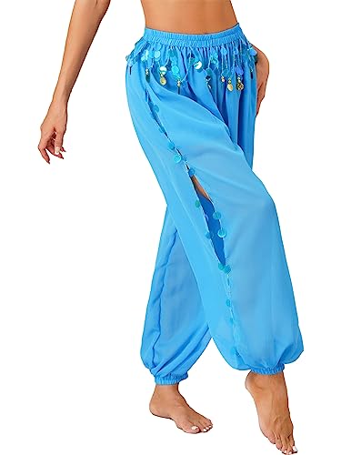 Nyeemya Pantalones Bombachos para Danza del Vientre, Pantalones árabes Tribales de Gasa para Mujer, Suelto Brillante con Lentejuelas, pantalón Bombacho Cielo Azul M