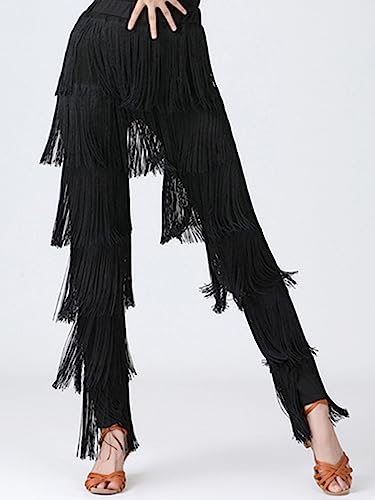Nyeemya Pantalones De Baile Latino Traje De Rendimiento De Tango Cha-Cha Pants Cintura Elástica Pantalones con Flecos Escalonados Negro S