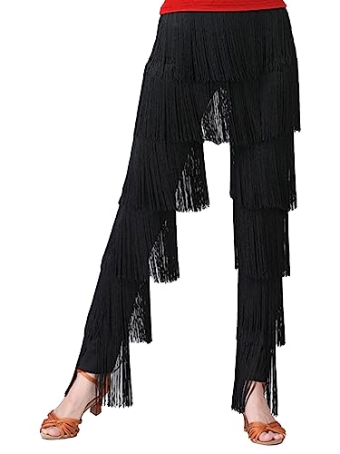 Nyeemya Pantalones De Baile Latino Traje De Rendimiento De Tango Cha-Cha Pants Cintura Elástica Pantalones con Flecos Escalonados Negro S