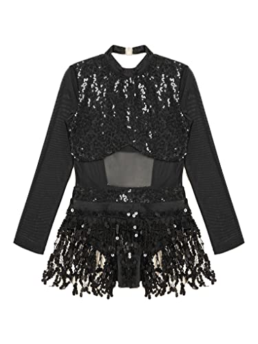 Nyeemya Vestido de Latino Lentejuelas Ballet Danza Patinaje Artistico Maillot Manga Larga Flapper con Flecos Ropa de Baile Dancewear Negro 9-10 años