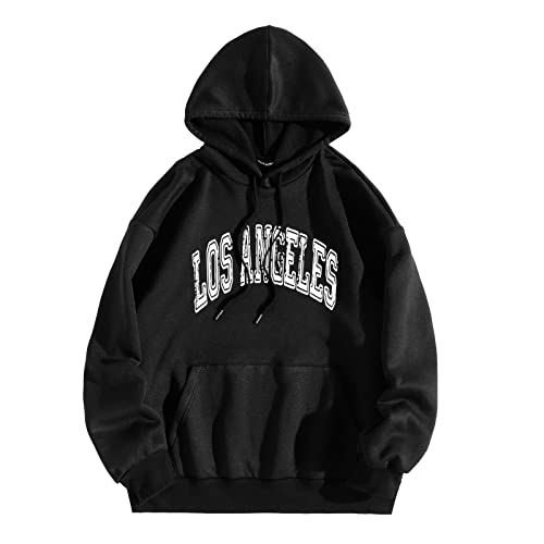 OCCOKO Los Angel Hombres Mujeres Gráfico con Capucha Estampado Cuello Redondo Manga Larga Sudadera Tops Hombre (Black, L)