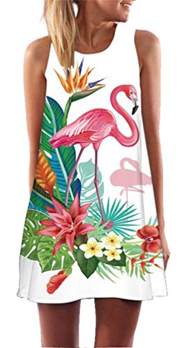 Ocean Plus Mujer Verano Flamenco Camisola Vestido De Playa Top Sin Mangas Trapecio O Corte En A Vestido Oeste (S (EU 34-36), Plantas y flamencos)