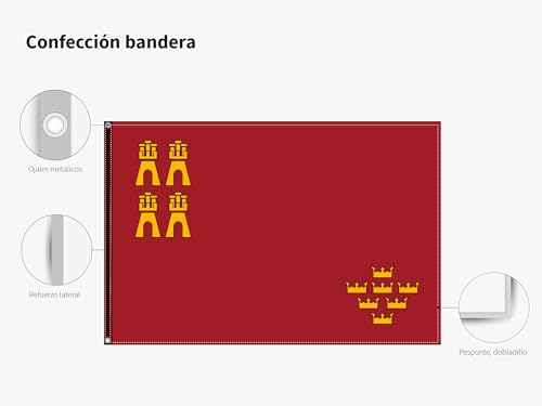 Oedim Bandera de La Comunidad de Murcia 85x150cm | Reforzada y con Pespuntes| Bandera de La Comunidad de Murcia con 2 Ojales Metálicos