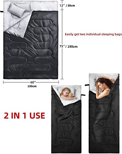 Ohuhu - Saco de Dormir Doble con 2 Almohadas, Impermeable, Ligero, para 2 Personas, Adultos, para Camping, Senderismo, Bolsa de Transporte, Color Negro