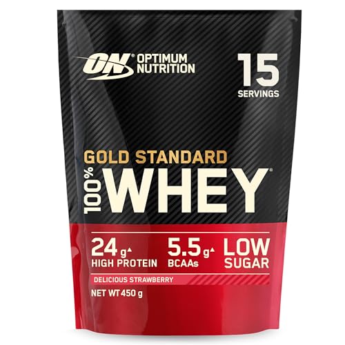 Optimum Nutrition Gold Standard 100% Whey, Proteína en Polvo para Recuperacíon y Desarrollo Muscular con Glutamina Natural y Aminoácidos BCAA, Sabor Fresa Deliciosa, 15 Dosis, 450 g