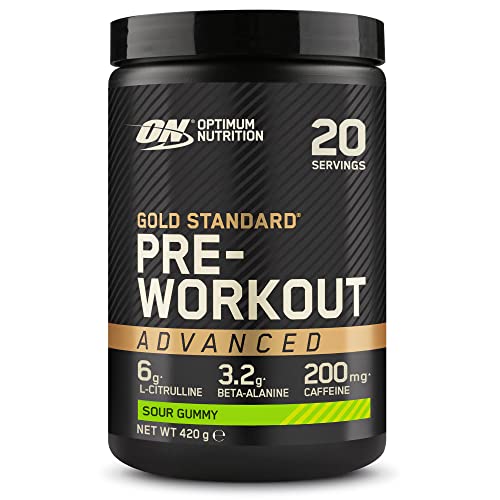 Optimum Nutrition Gold Standard Polvo Avanzado Pre Entrenamiento, Energy Booster con L-Citrulina, Beta Alanina, Cafeína y Vitaminas B12 y B6, Sabor Gominola Agria, 20 Porciones, 420 g