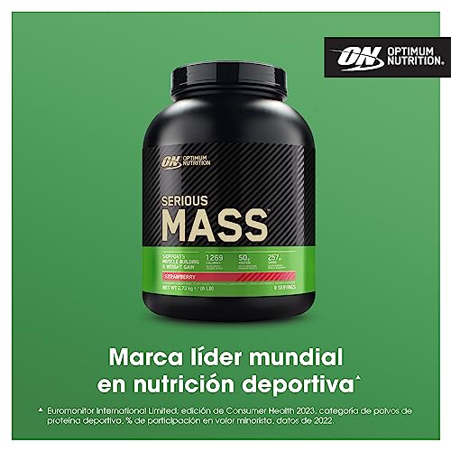 Optimum Nutrition Serious Mass Proteína en Polvo Alta en Calorías, Ganador de Masa Muscular con 25 Vitaminas y Minerales, Monohidrato de Creatina y Glutamina, Sabor Fresa, 8 Dosis, 2,73 kg