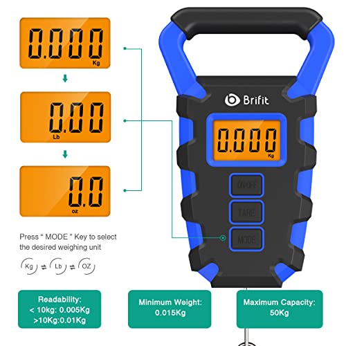 ORIA Báscula de Equipaje Digital, Báscula de Pesca Digital con Gancho, Báscula de Equipaje de 50Kg, Báscula Colgante Impermeable IPX4, Pantalla LCD Retroiluminada y 2 Baterías AAA - Azul Oscuro