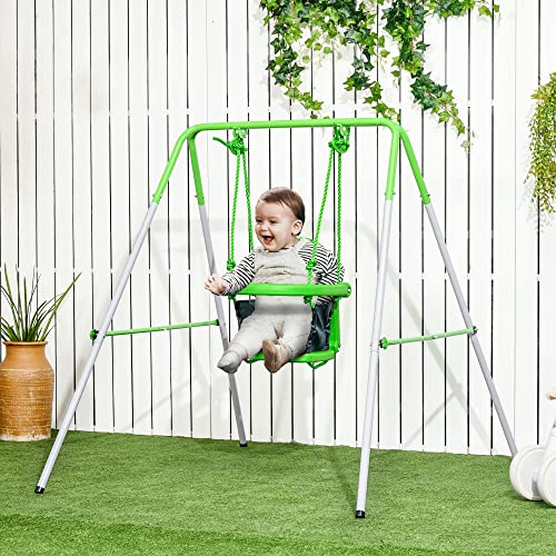 Outsunny Columpio Infantil de Acero Columpio para Niños de 6-36 Meses con Respaldo y Cinturón de Seguridad para Interiores y Exteriores Carga Máx. 25 kg 122x146x122 cm Verde