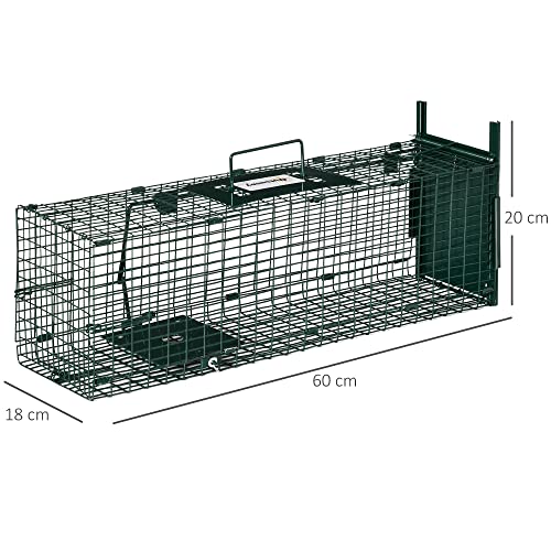Outsunny Trampa para Animales Vivos con Puerta Jaula de Captura Metálica con Asa para Conejos Visones Pequeños 60x18x20 cm Verde Oscuro