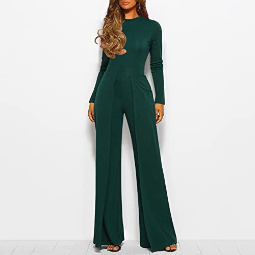 Overol casual para mujer, ajuste holgado, con cinturón, de manga larga, cuello redondo, para otoño, con piernas anchas, formal, de manga larga, para vestir, largo y suelto, B-verde, L