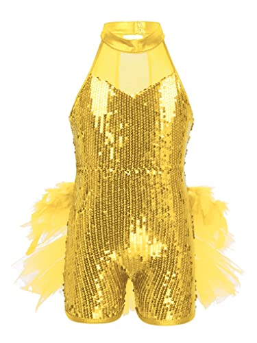 Oyolan Ropa de Danza Niñas Disfraz Traje de Baile Brillante Maillot de Danza Moderna con Plumas Lentejuelas Niña Princesa Disfraz de Baile Latino Ropa de Bailarina Amarillo 12