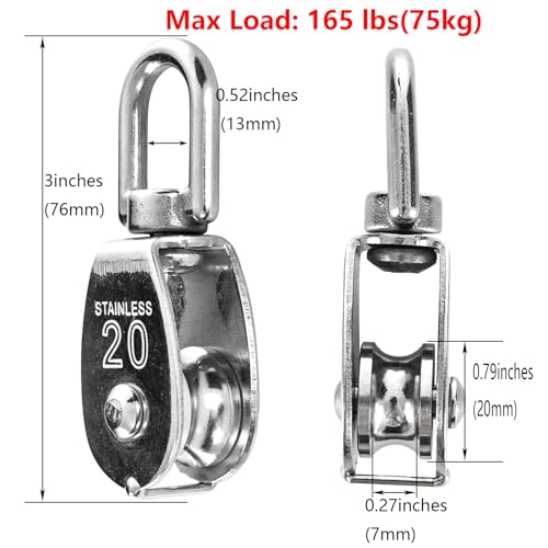 Pack 6 Unidades Bloques de Poleas Montadas M20 de Acero Inoxidable 304, Polea Monobloque Rotatoria con 6 Mosquetones